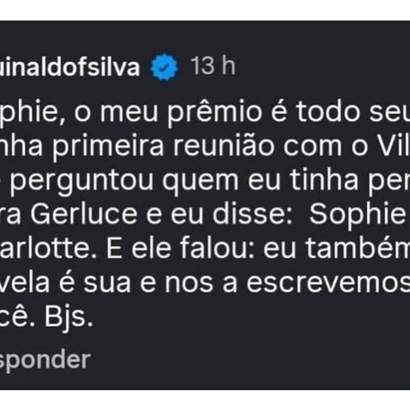 Aguinaldo Silva se declara para Sophie Charlotte, a Gerluce de 'Três Graças', após atriz ser esnobada no 'Melhores do Ano'