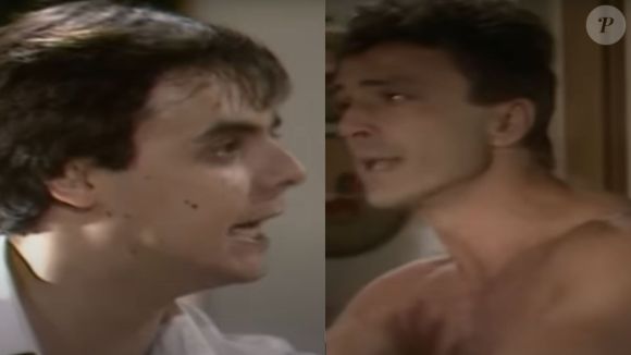 Novela 'Vale Tudo' em 1988: Afonso (Cassio Gabus Mendes) dá u soco em César (Carlos Riccelli) ao vê-lo com Maria de Fátima (Gloria Pires) na cama