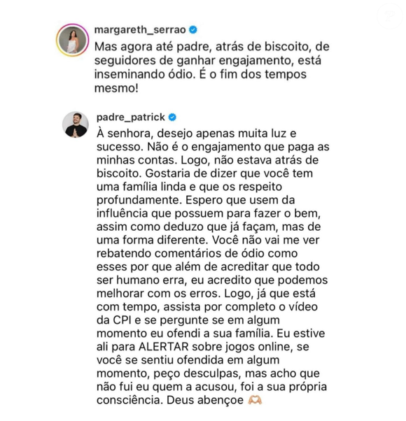 A troca de farpas entre Margareth Serrão, mãe de Virginia Fonseca, e o Padre Patrick.