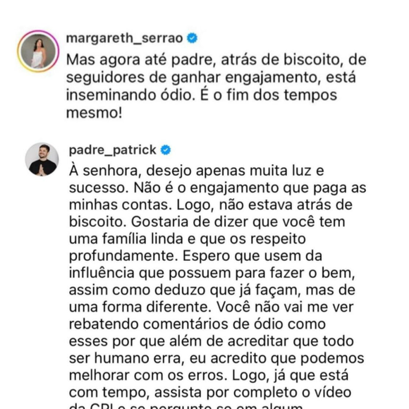 A troca de farpas entre Margareth Serrão, mãe de Virginia Fonseca, e o Padre Patrick.