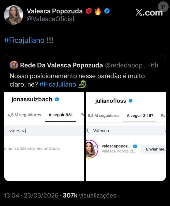 Valesca Popozuda também pediu 'Fica Juliano' nas redes sociais