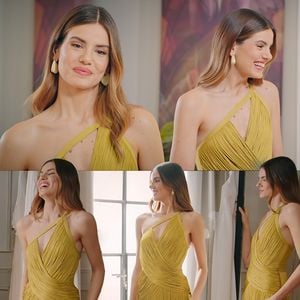 Para divulgar os dois últimos episódios, Camila Queiroz apostou em um look vibrante e cheio de movimento. A apresentadora surgiu com um vestido verde-lima de franjas