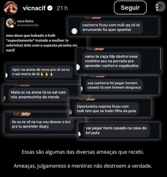 Vic Nacif postou prints de algumas dessas mensagens