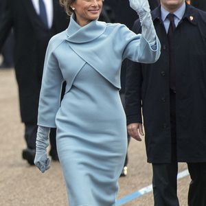 A primeira-dama Melania Trump em janeiro de 2017: ex-modelo acenou para os apoiadores no desfile inaugural em 20 de janeiro