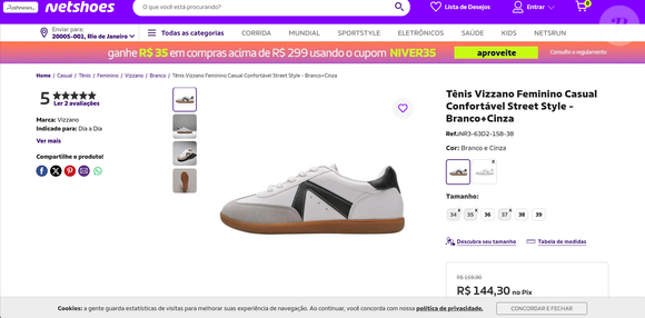 Até o fechamento desta matéria, o modelo Tênis Vizzano Feminino Casual Confortável Street Style - Branco+Cinza está disponível no site da Netshoes por R$ 144,30 no pix