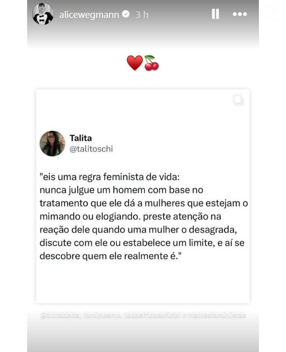 Alice Wegmann compartilhou uma publicação em seu perfil na web, na manhã desta quinta-feira (17).