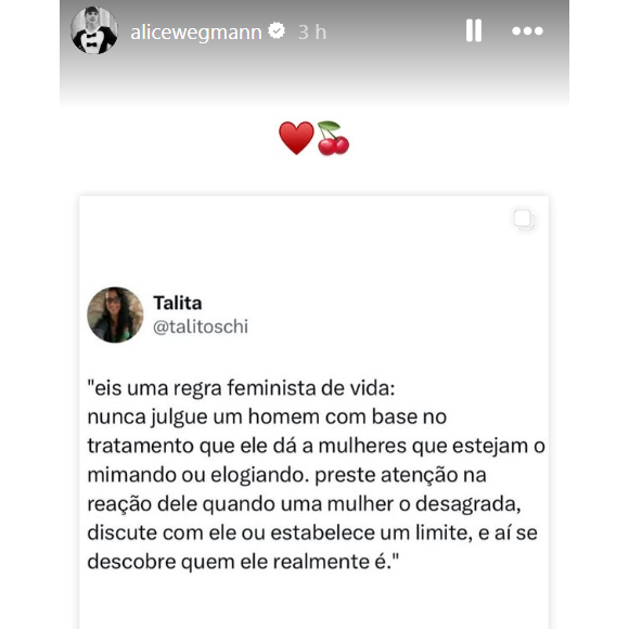 Alice Wegmann compartilhou uma publicação em seu perfil na web, na manhã desta quinta-feira (17).