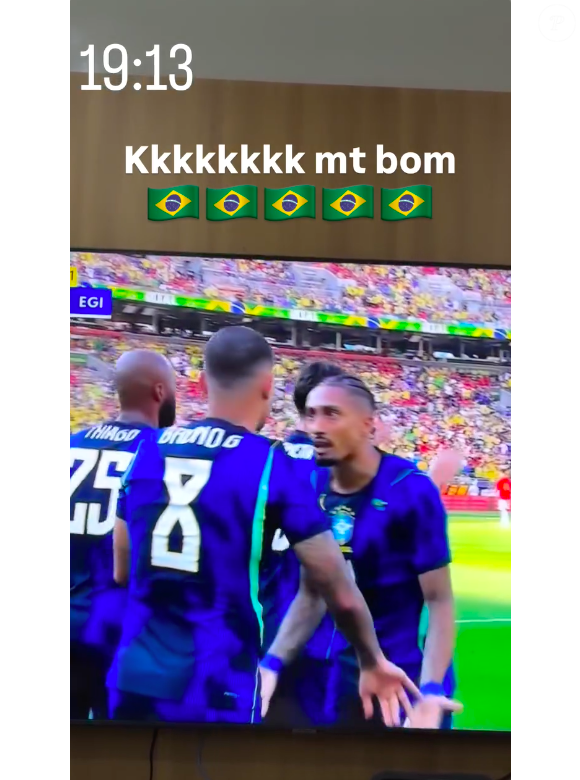 Virgínia comemorou o primeiro gol do Brasil no jogo e publicou um vídeo do momento em seus stories