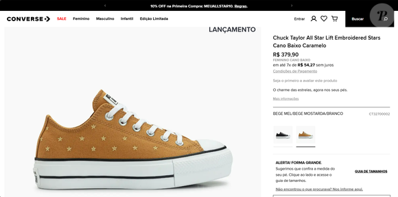 O modelo na cor mel com mostarda custa R$ 379,90 e pode ser parcelado em até sete vezes sem juros, reforçando o apelo de custo-benefício fashion