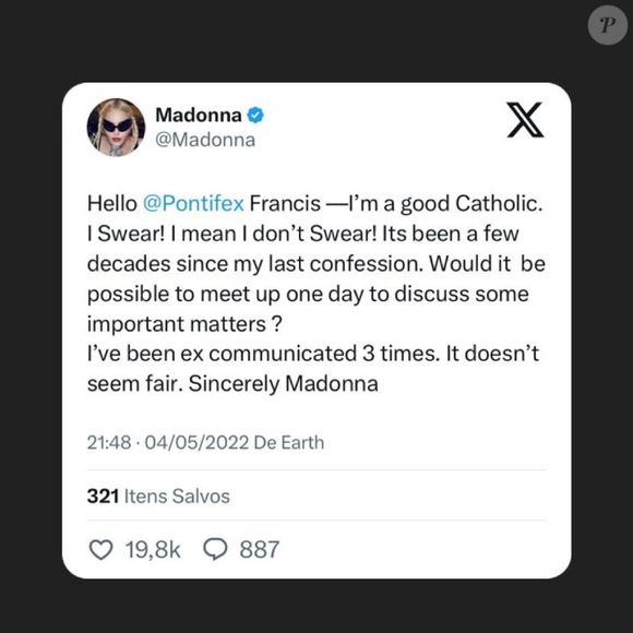 Madonna mandou recado para o Papa Francisco em 2022: 'Eu fui excomungada três vezes. Não parece justo'
