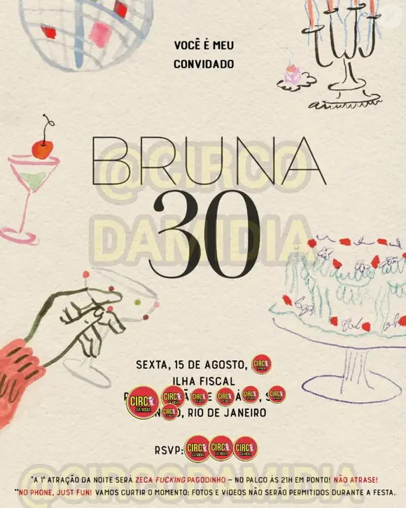 A página do Instagram 'Circo da Mídia' divulgou o convite da festa de aniversário de Bruna Marquezine e a simplicidade chamou atenção