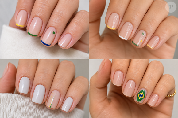 Pequenas referências às cores do Brasil podem ser suficientes para criar uma homenagem elegante à Seleção, sem transformar a manicure em protagonista do visual