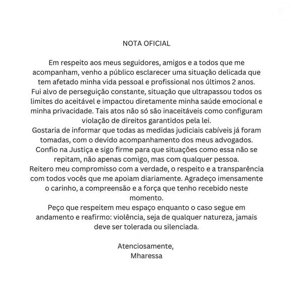 Mharessa revelou ter sido alvo de perseguição que impactou profundamente sua saúde emocional