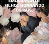 Durante a festa, Maria Catherine surpreendeu o casal ao se ajoelhar diante deles para lavar seus pés, simbolizando um momento de fé que emocionou os pais