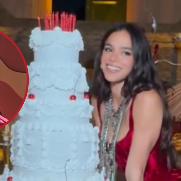 Bolo gigante rouba a cena no aniversário de Bruna Marquezine: com 5 andares, cerejas e babados, tem coincidência com Marina Ruy Barbosa