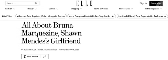 A tradicional Elle fez um verdadeiro raio-x da trajetória de Bruna. A revista apresenta a brasileira como atriz e modelo, reconstrói sua carreira desde a infância e ainda organiza uma linha do tempo do relacionamento com Shawn Mendes, mostrando como o casal passou dos rumores à confirmação pública.