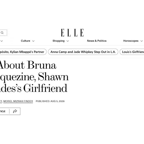 A tradicional Elle fez um verdadeiro raio-x da trajetória de Bruna. A revista apresenta a brasileira como atriz e modelo, reconstrói sua carreira desde a infância e ainda organiza uma linha do tempo do relacionamento com Shawn Mendes, mostrando como o casal passou dos rumores à confirmação pública.