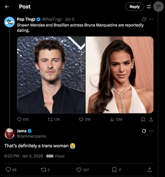 Em um post no X, Bruna Marquezine foi alvo de um comentário transfóbico de internauta, que comentou: "Isso definitivamente é uma mulher trans"