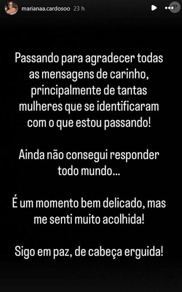 Mariana Cardoso agradeceu as mensagens de carinho após colocar Danilo Vieira na Justiça