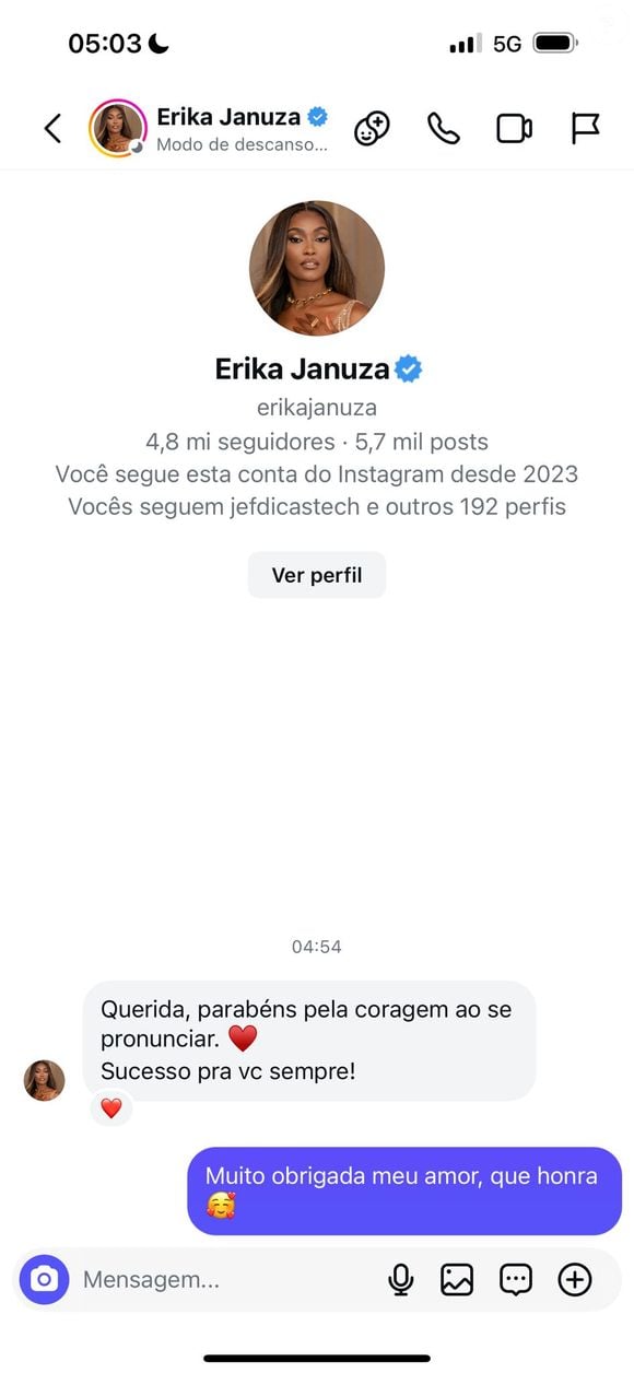 Erika Januza teria enviado uma mensagem à Mulher Abacaxi com elogios ‘à coragem de se pronunciar’. Print foi enviado à imprensa