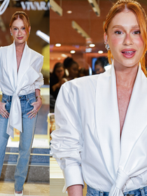 Ela pode tudo! Marina Ruy Barbosa aposta em camisa de grife de mais de R$ 16 mil e eleva o jeans básico em evento de moda em São Paulo