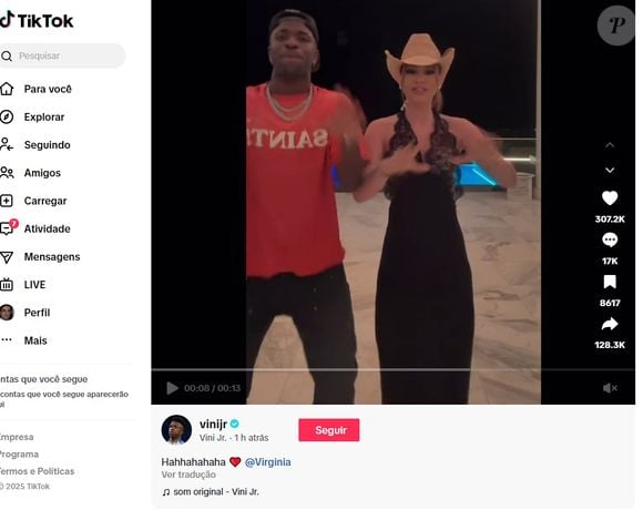 Virginia e Vini Jr. surgiram juntos dançando em vídeo postado pelo atacante e repostado pela influencer no TikTok
