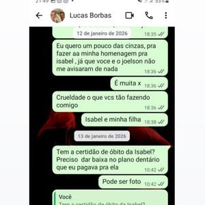 Priscila Kiekow postou prints que seriam de conversas de Lucas com Miriam, mãe de Isabel Veloso