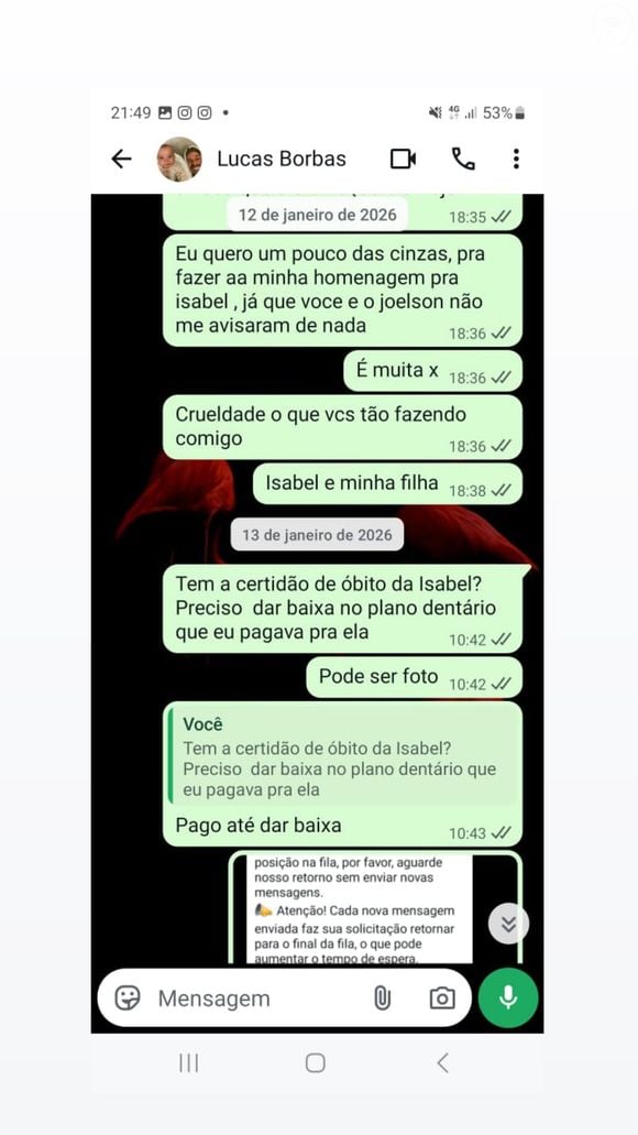 Priscila Kiekow postou prints que seriam de conversas de Lucas com Miriam, mãe de Isabel Veloso