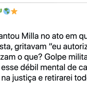 A apresentação de 'Milla' em um ato pró-Bolsonaro provocou a reação pública de Manno Góes em 2021. Segundo o g1, o compositor criticou a utilização da obra na manifestação de 1º de maio e escreveu no Twitter: 'Eu NÃO AUTORIZO esse débil mental de cantar minha música'