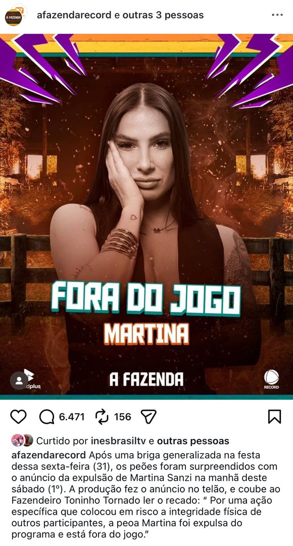 A Fazenda 17: ‘Martina infringiu uma das regras do jogo e, portanto, foi expulsa do programa’, diz a nota divulgada pela Record