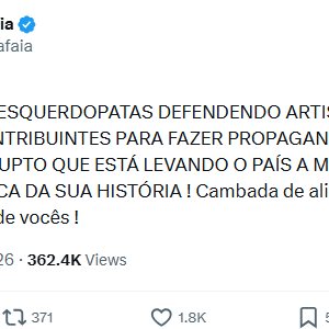 No mesmo dia, Silas Malafaia criticou o que ele chamou de ‘artista que mama grana dos contribuintes’