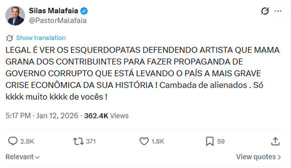 No mesmo dia, Silas Malafaia criticou o que ele chamou de ‘artista que mama grana dos contribuintes’