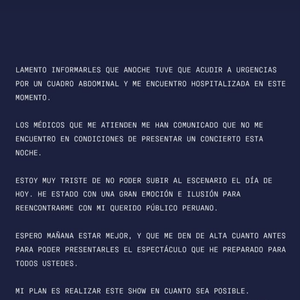 Shakira comunicou em suas redes sociais, a respeito do cancelamento do show no último dia 16.