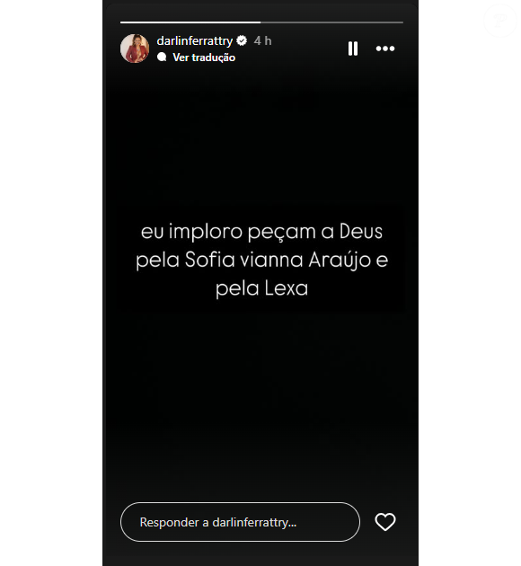 Darlin Ferrattry, mãe de Lexa: ‘Eu imploro, peçam a Deus pela Sofia Vianna Araújo e pela Lexa’