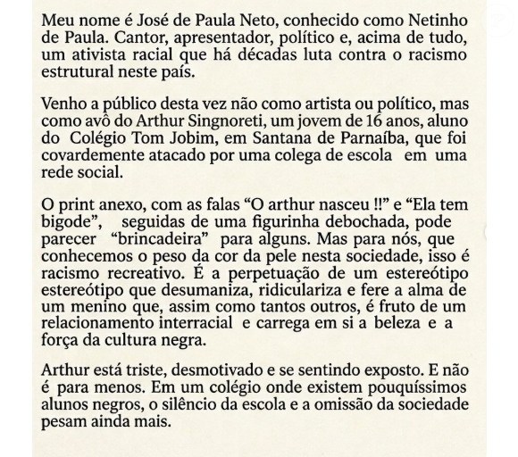 Netinho de Paula fez postagem contra situação de racismo em escola do neto