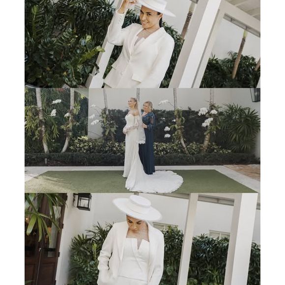 O visual criou um contraste harmonioso com o look da esposa, equilibrando tradição e modernidade de forma sofisticada.