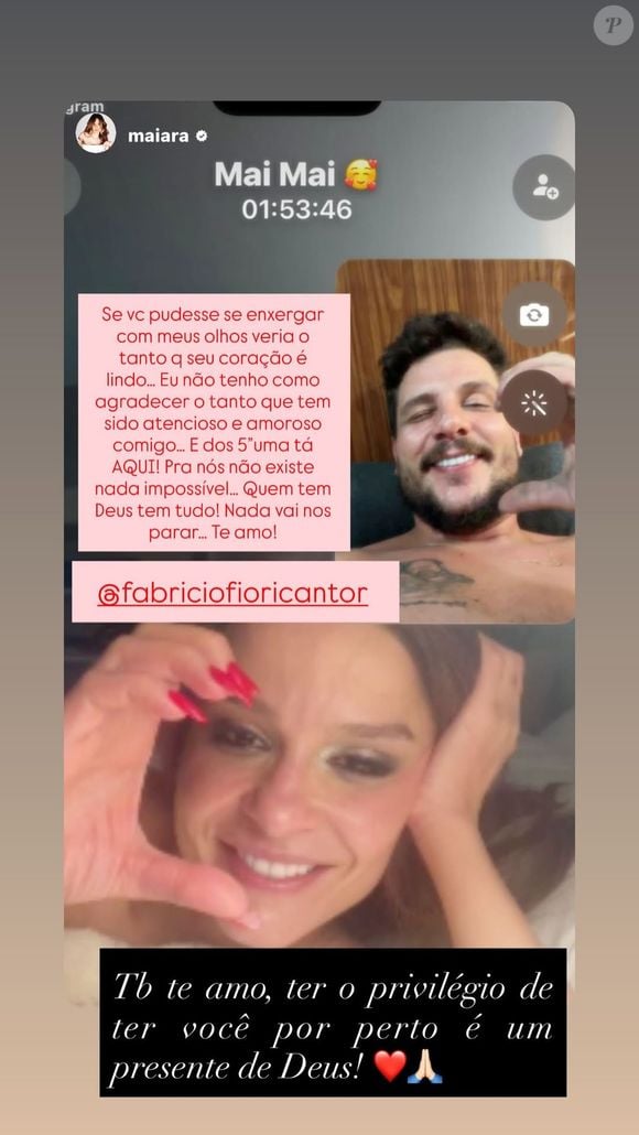 Fabrício compartilhou a mensagem de Maiara e também se declarou para a cantora: "Também te amo, ter o privilégio de ter você por perto é um presente de Deus"