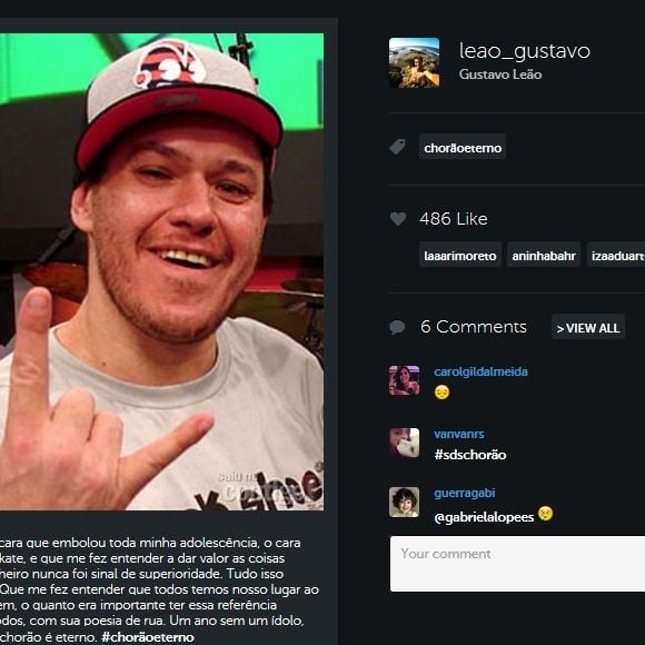 O ator Gustavo Leão era fã de Chorão e lamentou sua morte