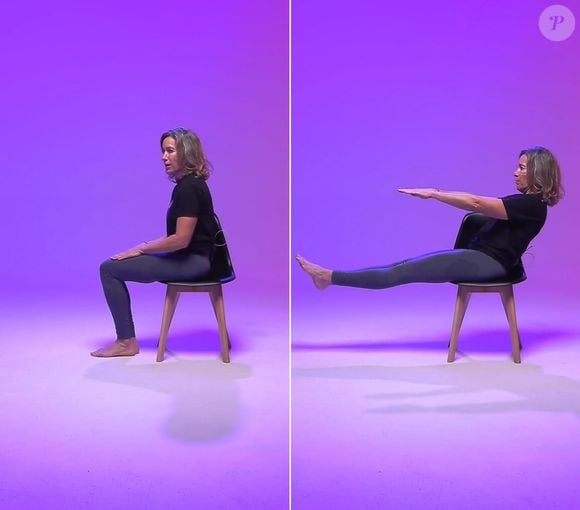 O primeiro exercício é feito sentado em uma cadeira e trabalha o equilíbrio e a força do abdômen