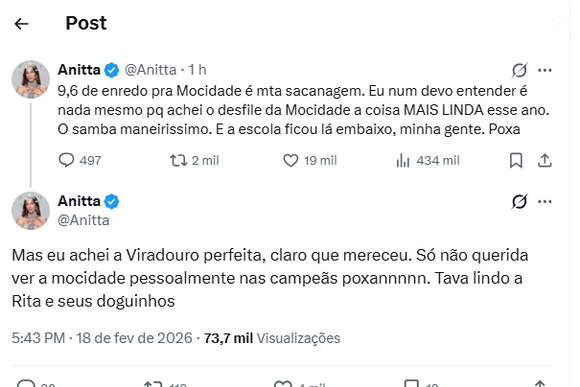 Anitta elogiou a campeã, mas questionou julgamento que deixou a Mocidade na 11ª posição