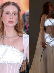 Bem-vinda de volta, Amália! Marina Ruy Barbosa revive ‘Deus Salve o Rei’ com vestido branco transparente, corset e 2.160 cristais que brilham em Veneza. Fotos!