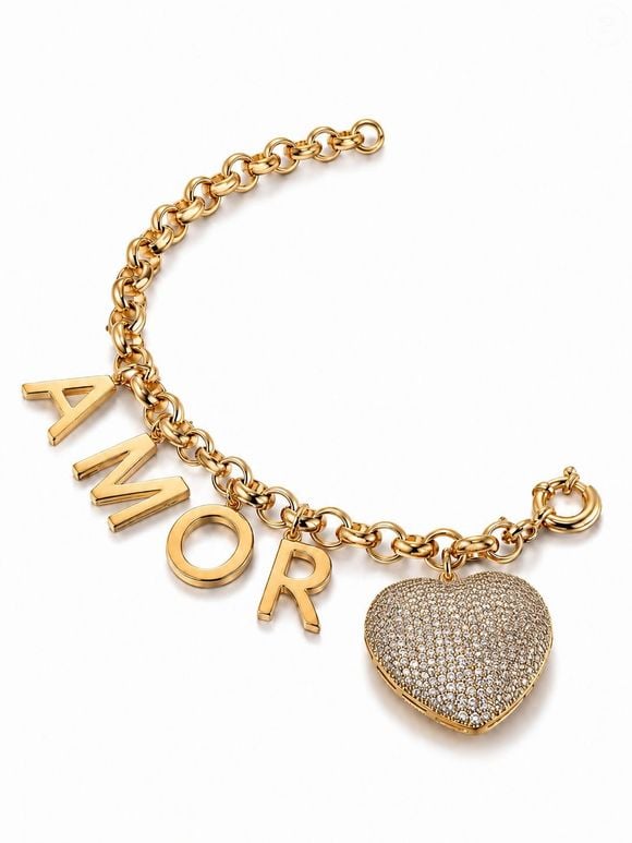 Pulseira H.MARIA de elos português com pingentes “AMOR” e coração pavê duplo, cravejado em micro zircônias; valor da joia: R$ 1.611,20