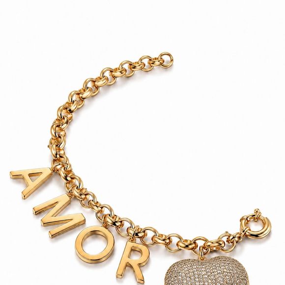 Pulseira H.MARIA de elos português com pingentes “AMOR” e coração pavê duplo, cravejado em micro zircônias; valor da joia: R$ 1.611,20