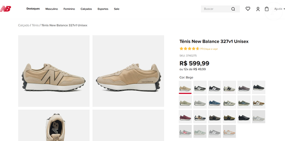Até o fechamento da matéria, o New Balance 327v1 Unissex estava à venda por R$ 599,99 no site oficial da marca, com parcelamento em até 12 vezes