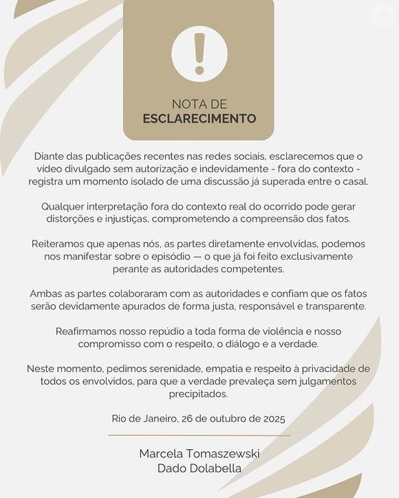 Depois, Dado Dolabella e Marcela Tomaszewski publicaram juntos uma Nota de esclarecimento