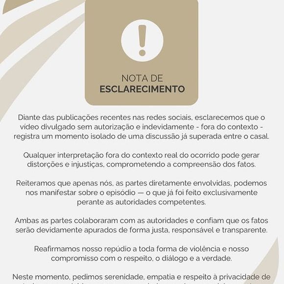 Depois, Dado Dolabella e Marcela Tomaszewski publicaram juntos uma Nota de esclarecimento