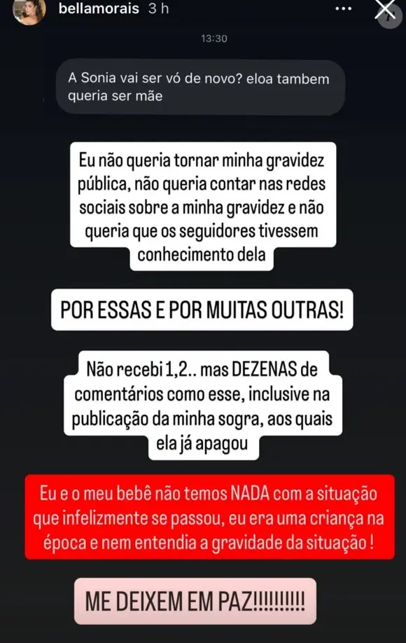 Isabella Morais mostrou um print com a seguinte mensagem de um internauta: ‘A Sonia vai ser avó de novo? A Eloá também queria ser mãe’