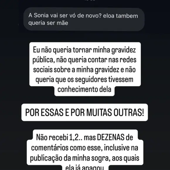 Isabella Morais mostrou um print com a seguinte mensagem de um internauta: ‘A Sonia vai ser avó de novo? A Eloá também queria ser mãe’