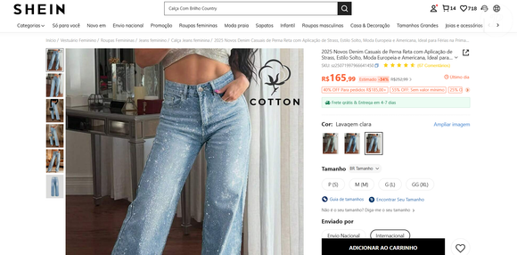 Perfeita para recriar o glamour do figurino de Ivete, a calça jeans com aplicações de strass da Shein, a partir de R$ 165,99, traz o mesmo efeito iluminado do palco para o dia a dia