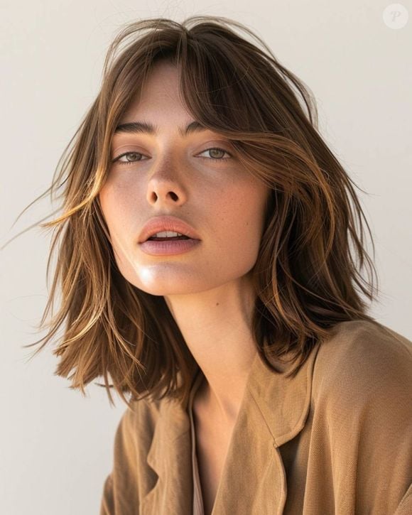 Este corte é um bob na altura dos ombros com camadas geralmente curtas que definem o cabelo e as pontas são puxadas em direção ao rosto para emoldurar e criar um efeito de maior movimento e densidade